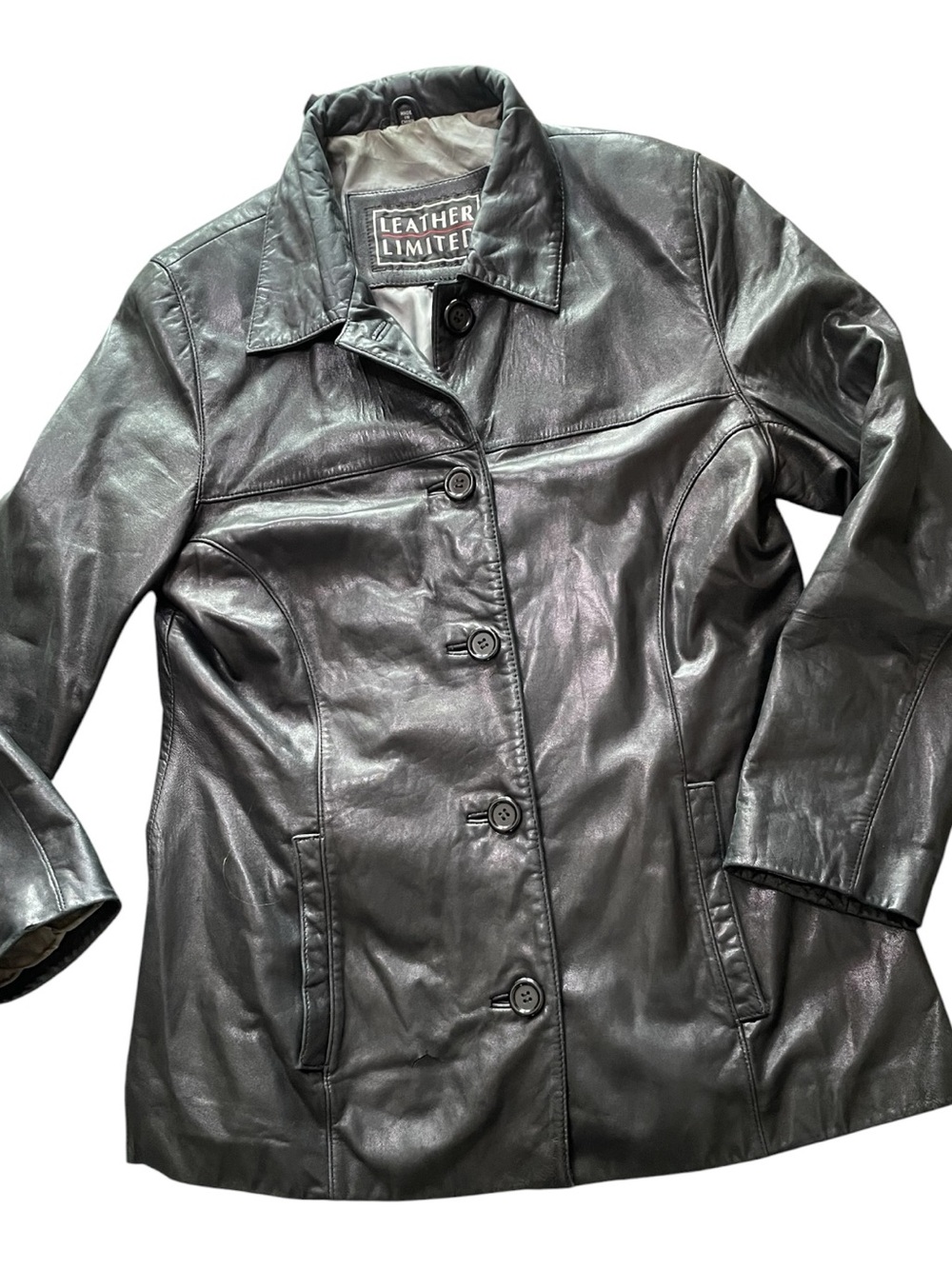 Leather Limited Women's Black Button-Front Leather Jacket vintage XL